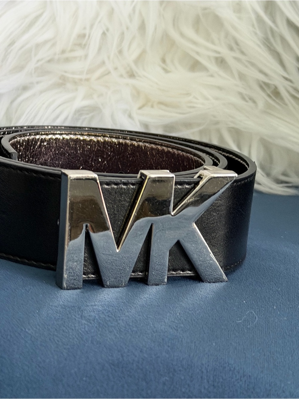 Michael Kors Black Leather Belt with Silver MK Logo Buckle